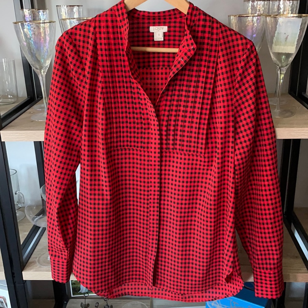 J. Crew factory red buffalo plaid pleated blouse
